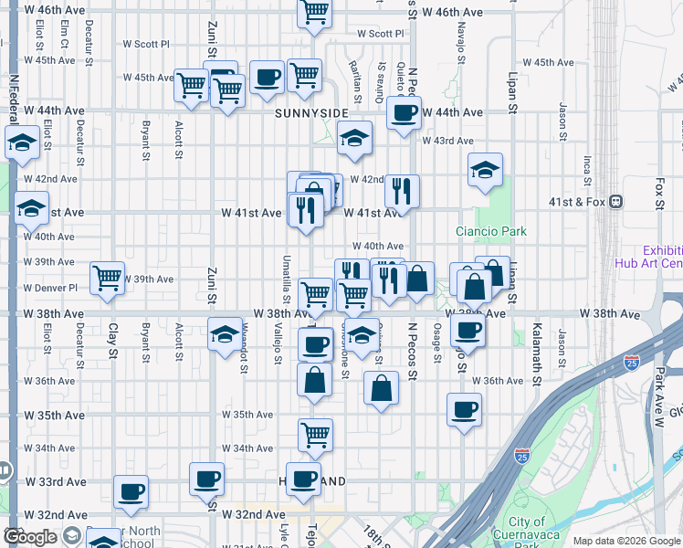 map of restaurants, bars, coffee shops, grocery stores, and more near in Denver