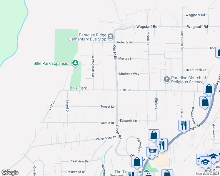 map of restaurants, bars, coffee shops, grocery stores, and more near 623 Bille Road in Paradise