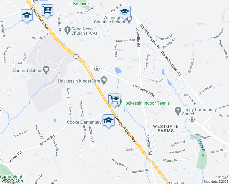 map of restaurants, bars, coffee shops, grocery stores, and more near 228 Valley Lane in Hockessin