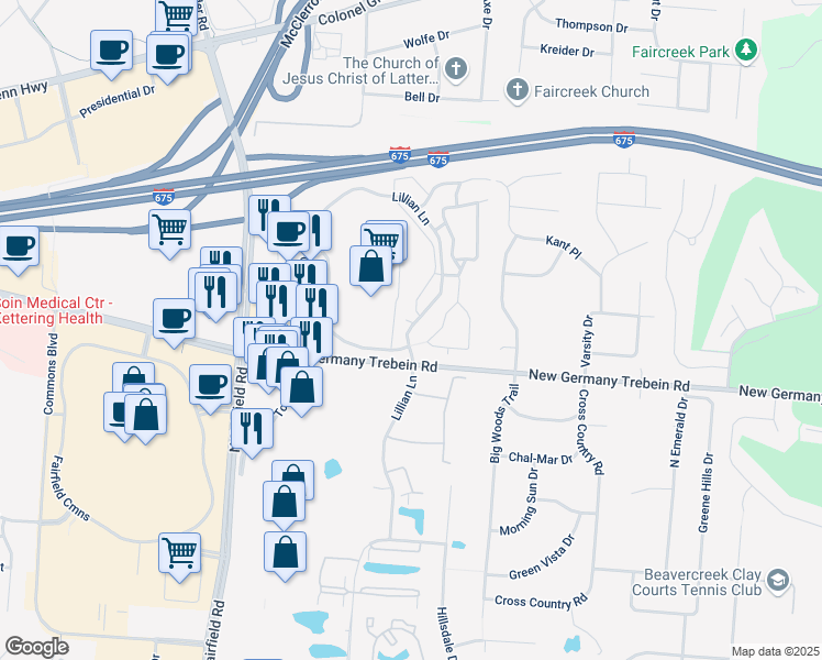map of restaurants, bars, coffee shops, grocery stores, and more near 2768 Lillian Lane in Dayton
