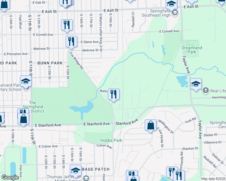 map of restaurants, bars, coffee shops, grocery stores, and more near 11 Park Ridge Road in Springfield