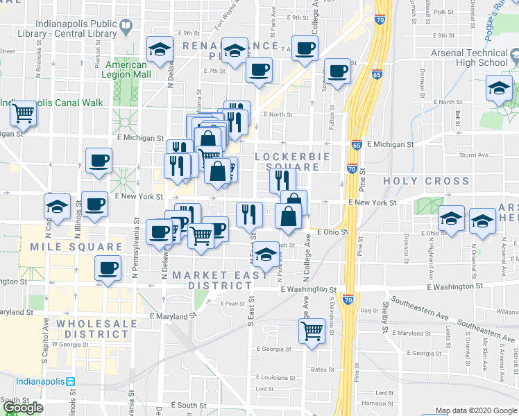 map of restaurants, bars, coffee shops, grocery stores, and more near 237 N East St in Indianapolis