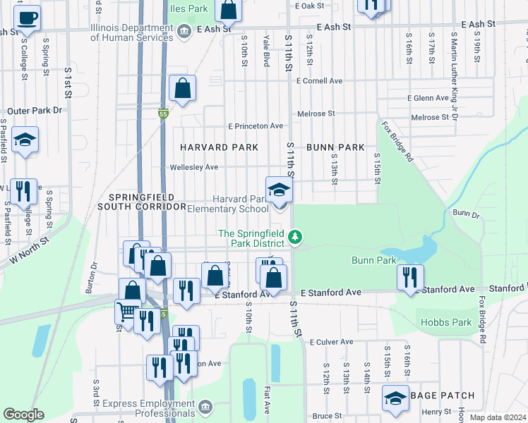 map of restaurants, bars, coffee shops, grocery stores, and more near 2517 Yale Boulevard in Springfield