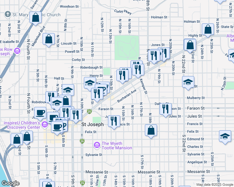 map of restaurants, bars, coffee shops, grocery stores, and more near 1316 Frederick Avenue in Saint Joseph