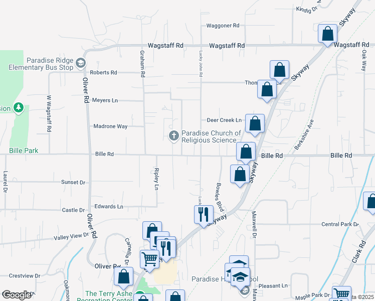 map of restaurants, bars, coffee shops, grocery stores, and more near 837 Bille Road in Paradise