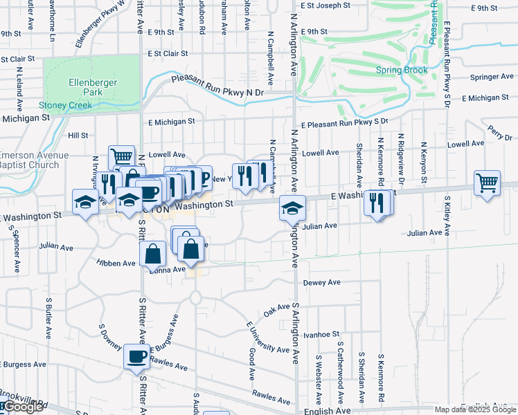 map of restaurants, bars, coffee shops, grocery stores, and more near 5855 East Washington Street in Indianapolis