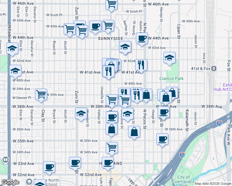 map of restaurants, bars, coffee shops, grocery stores, and more near 1933 West 39th Avenue in Denver