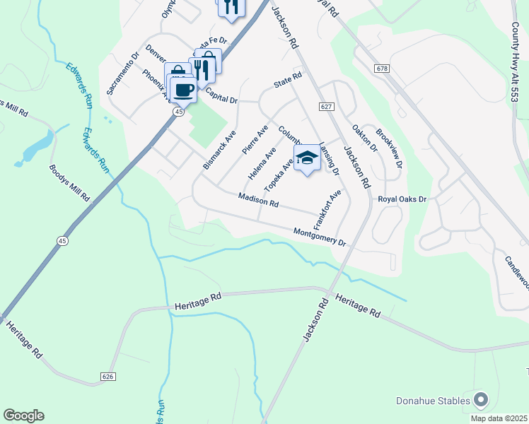map of restaurants, bars, coffee shops, grocery stores, and more near 299 Madison Road in Mantua Township