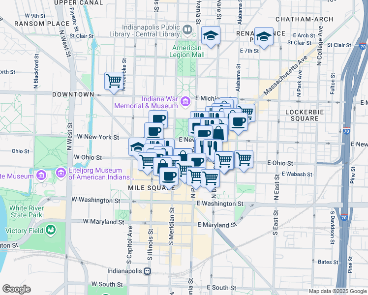 map of restaurants, bars, coffee shops, grocery stores, and more near 46 East Ohio Street in Indianapolis