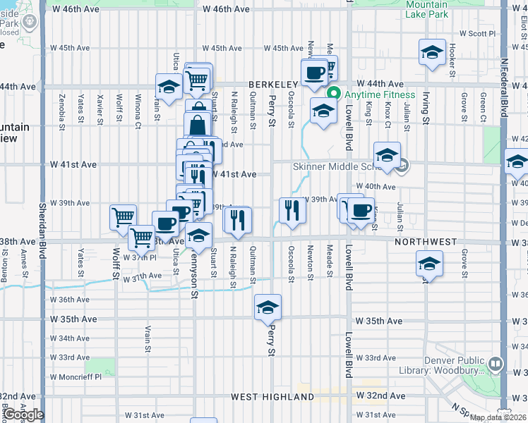map of restaurants, bars, coffee shops, grocery stores, and more near 3905 Quitman Street in Denver