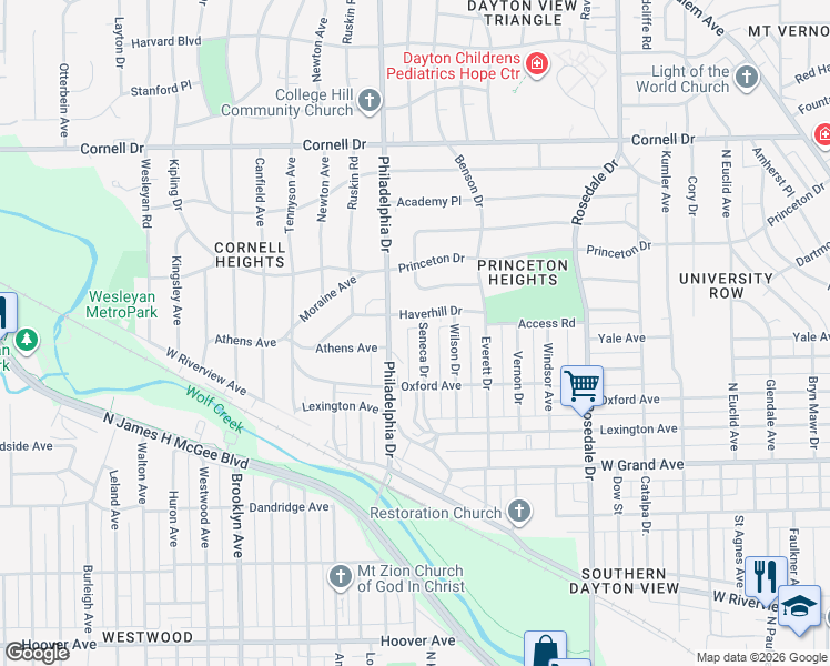 map of restaurants, bars, coffee shops, grocery stores, and more near 1324 Philadelphia Drive in Dayton