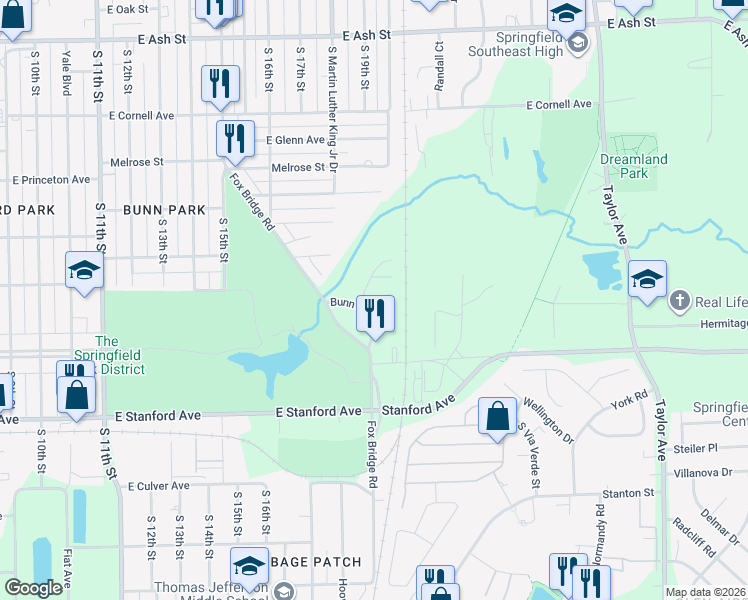 map of restaurants, bars, coffee shops, grocery stores, and more near 11 Park Ridge Road in Springfield