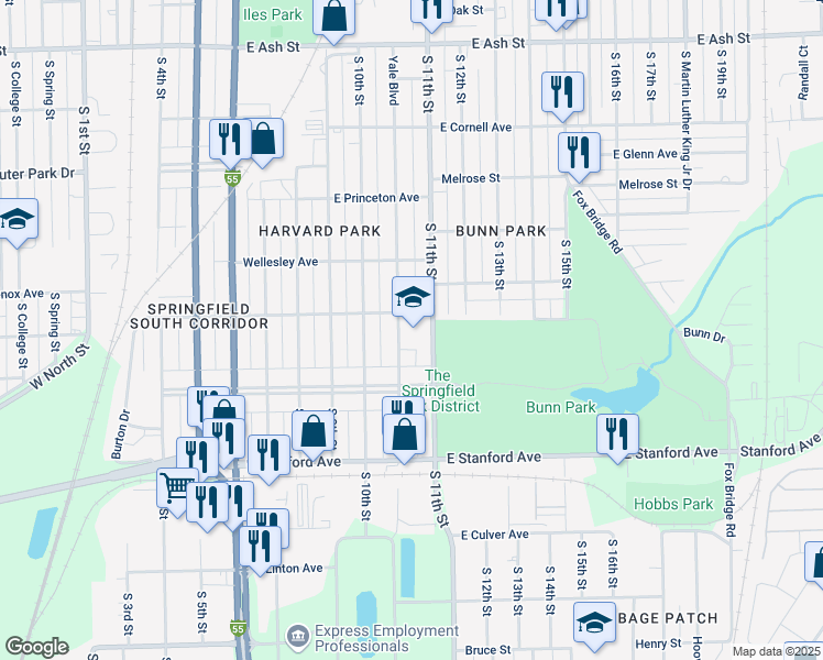 map of restaurants, bars, coffee shops, grocery stores, and more near 2501 South 11th Street in Springfield