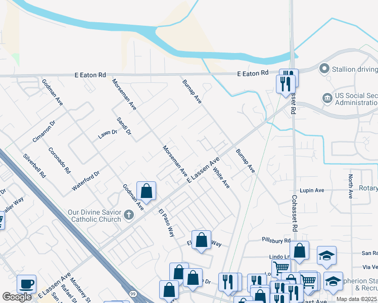 map of restaurants, bars, coffee shops, grocery stores, and more near 830 Alynn Way in Chico
