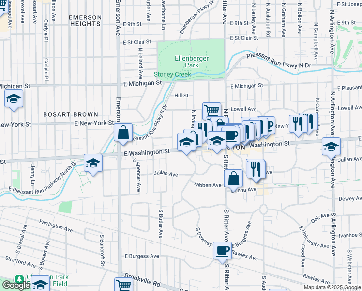 map of restaurants, bars, coffee shops, grocery stores, and more near 5332 East Washington Street in Indianapolis
