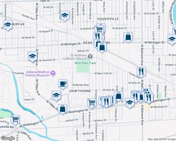 map of restaurants, bars, coffee shops, grocery stores, and more near 323 North Warman Avenue in Indianapolis