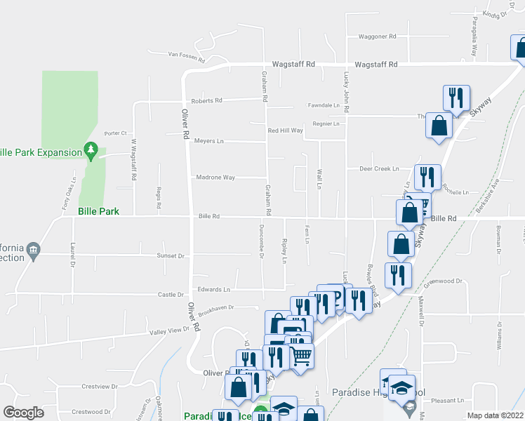 map of restaurants, bars, coffee shops, grocery stores, and more near 749 Bille Road in Paradise