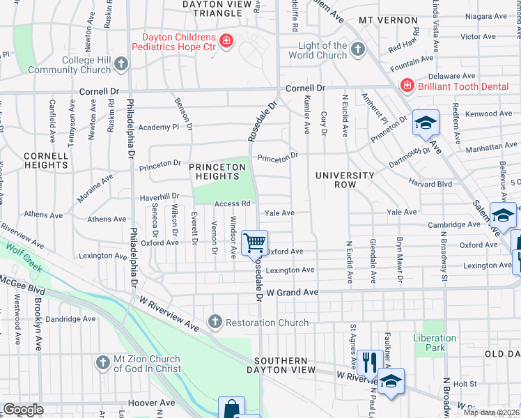 map of restaurants, bars, coffee shops, grocery stores, and more near 651 Yale Avenue in Dayton