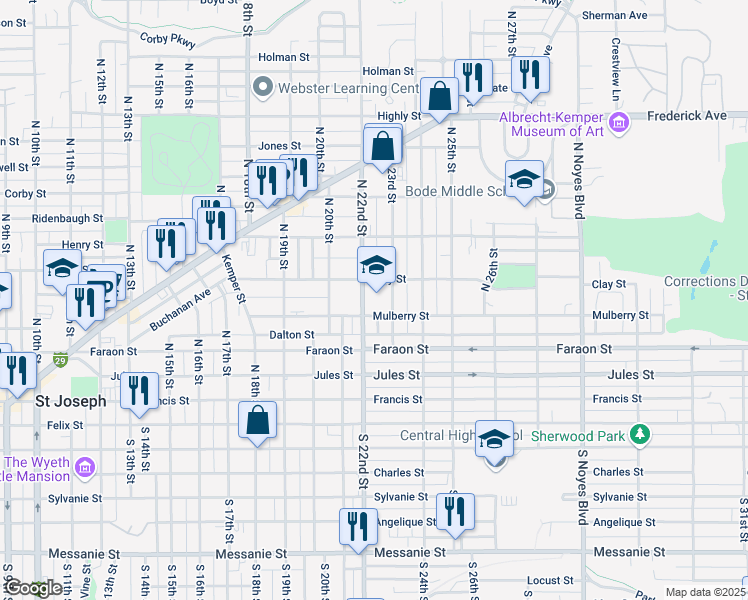 map of restaurants, bars, coffee shops, grocery stores, and more near 515 North 22nd Street in Saint Joseph