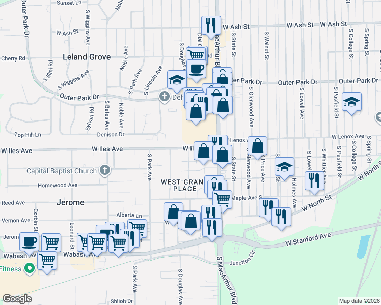 map of restaurants, bars, coffee shops, grocery stores, and more near 1040 West Iles Avenue in Springfield