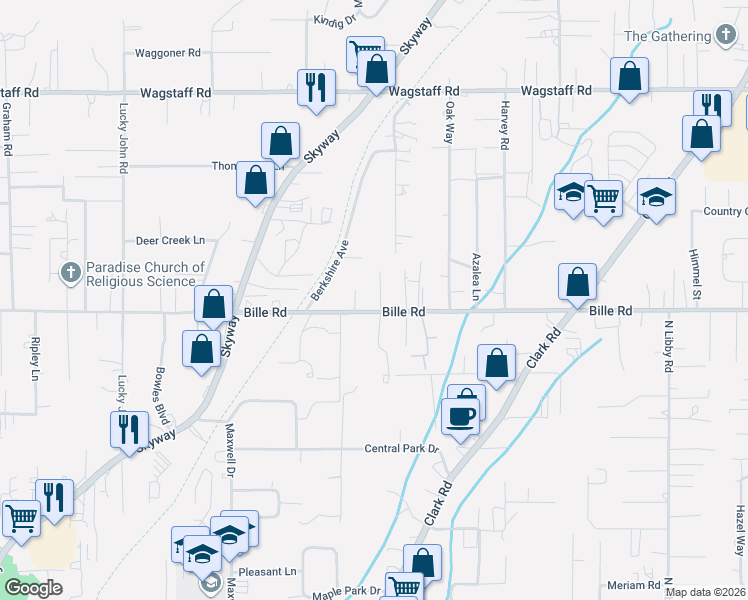 map of restaurants, bars, coffee shops, grocery stores, and more near 1123 Bille Road in Paradise