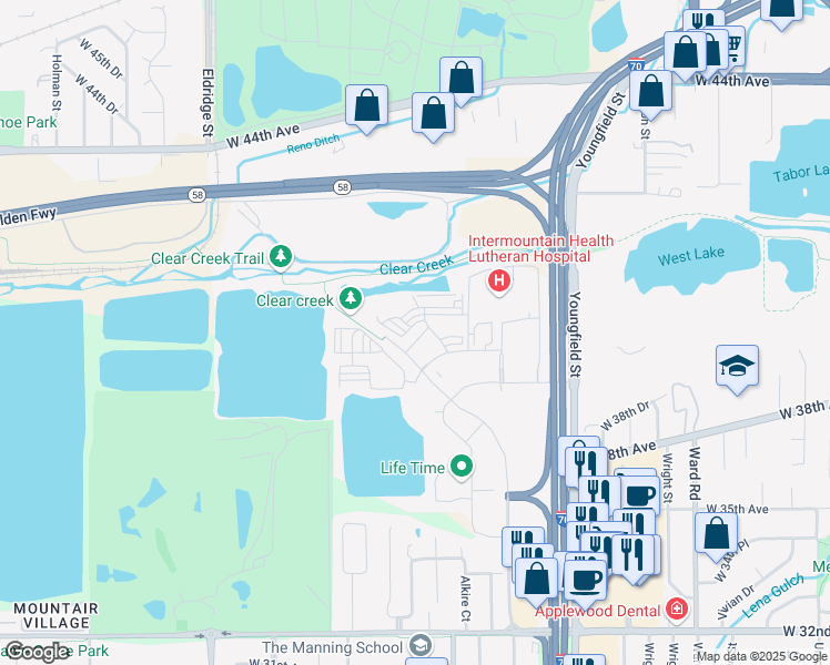 map of restaurants, bars, coffee shops, grocery stores, and more near 4044 Clear Creek Drive in Wheat Ridge