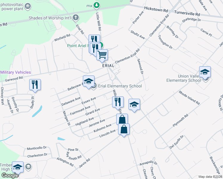 map of restaurants, bars, coffee shops, grocery stores, and more near 1889 Williamstown Erial Road in Sicklerville