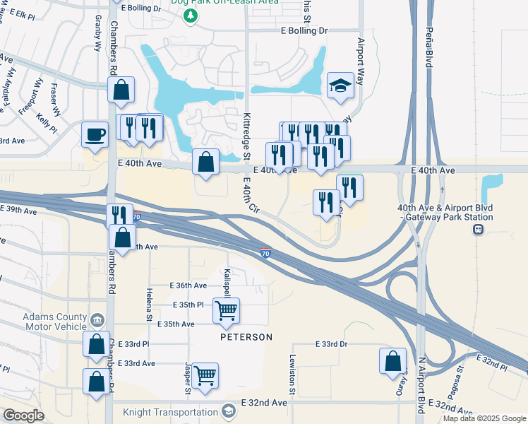 map of restaurants, bars, coffee shops, grocery stores, and more near 16027 East 40th Circle in Aurora