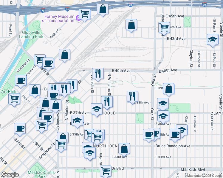 map of restaurants, bars, coffee shops, grocery stores, and more near 3838 North Williams Street in Denver