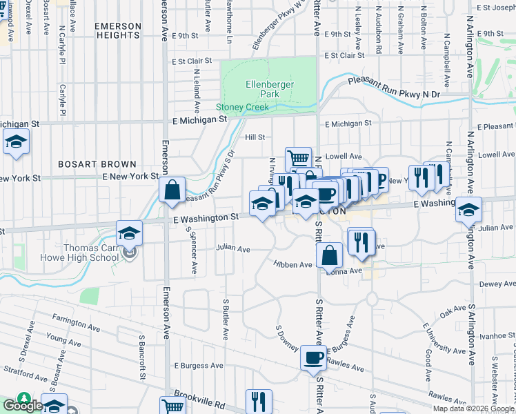 map of restaurants, bars, coffee shops, grocery stores, and more near 5332 East Washington Street in Indianapolis