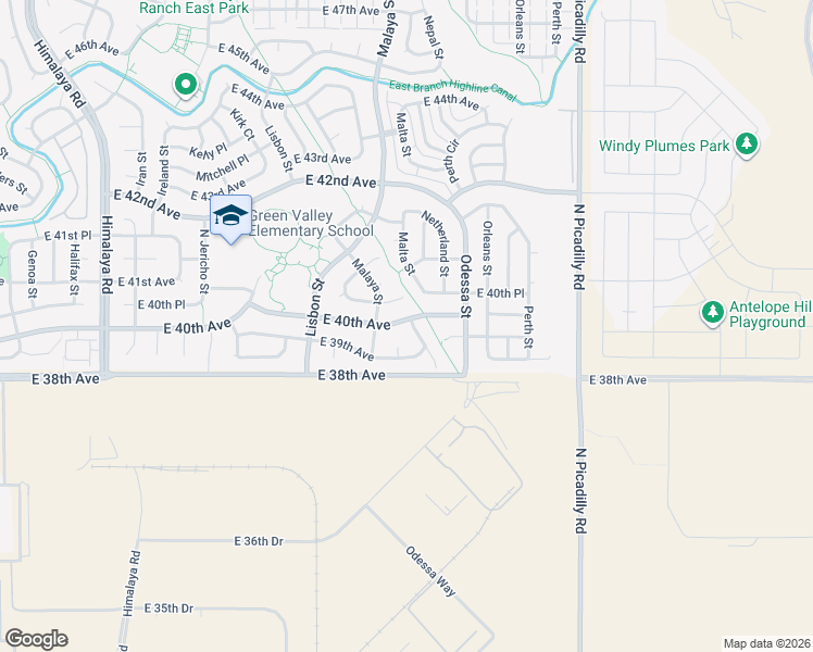 map of restaurants, bars, coffee shops, grocery stores, and more near 21021 East 40th Avenue in Denver