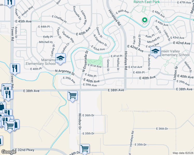 map of restaurants, bars, coffee shops, grocery stores, and more near 19551 East 40th Place in Denver