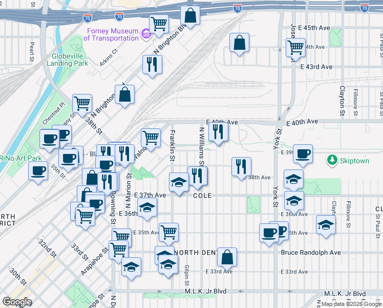 map of restaurants, bars, coffee shops, grocery stores, and more near 3846 Gilpin Street in Denver