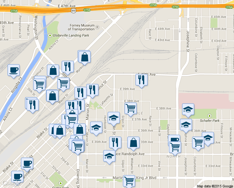 map of restaurants, bars, coffee shops, grocery stores, and more near 3844 Franklin Street in Denver