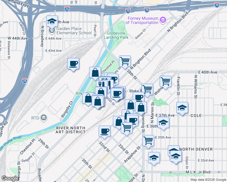 map of restaurants, bars, coffee shops, grocery stores, and more near 3560 Brighton Boulevard in Denver
