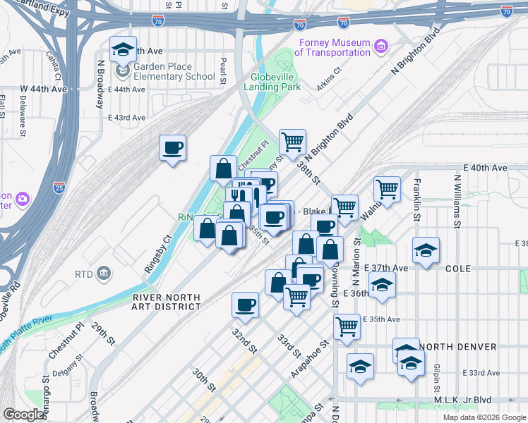 map of restaurants, bars, coffee shops, grocery stores, and more near 3560 Brighton Boulevard in Denver