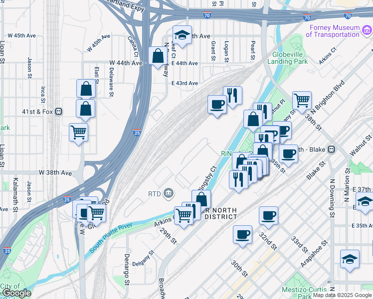 map of restaurants, bars, coffee shops, grocery stores, and more near 2095 31st Street in Denver