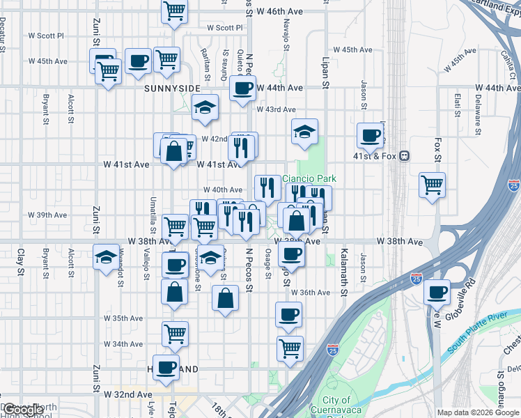 map of restaurants, bars, coffee shops, grocery stores, and more near 3922 North Pecos Street in Denver