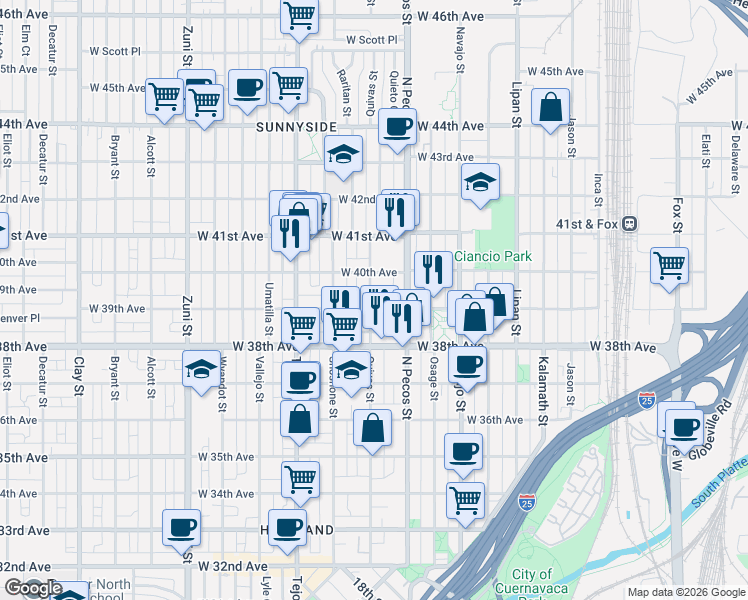 map of restaurants, bars, coffee shops, grocery stores, and more near 3922 Quivas Street in Denver