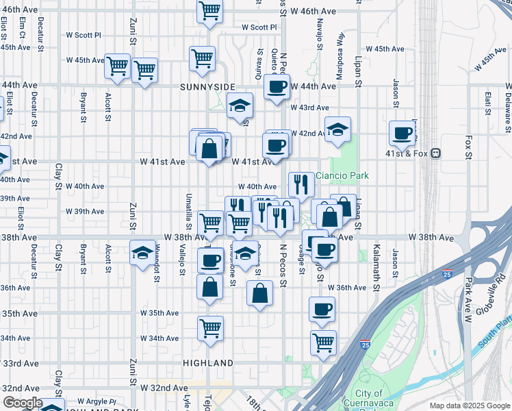 map of restaurants, bars, coffee shops, grocery stores, and more near 3922 Quivas Street in Denver