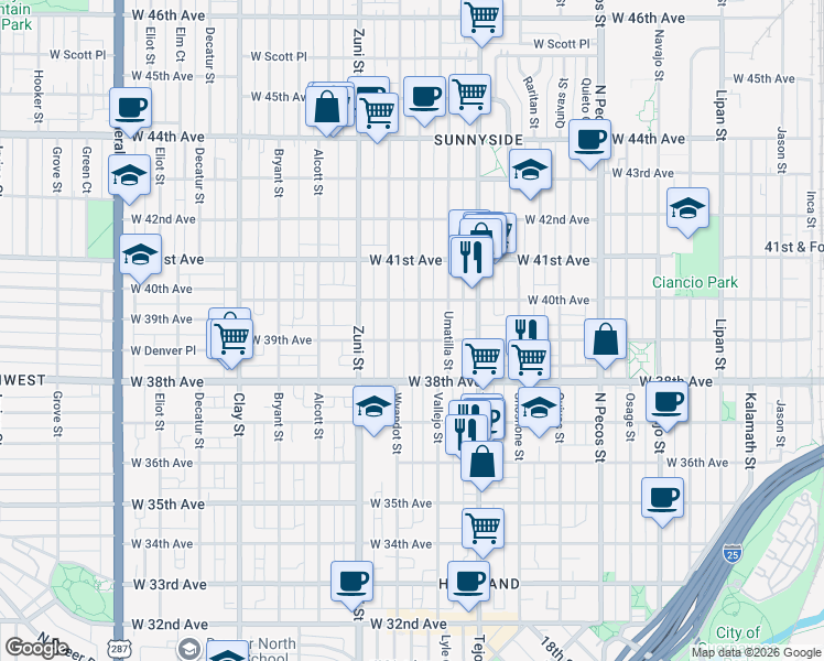 map of restaurants, bars, coffee shops, grocery stores, and more near 3926 Vallejo Street in Denver