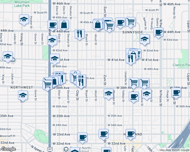map of restaurants, bars, coffee shops, grocery stores, and more near in Denver