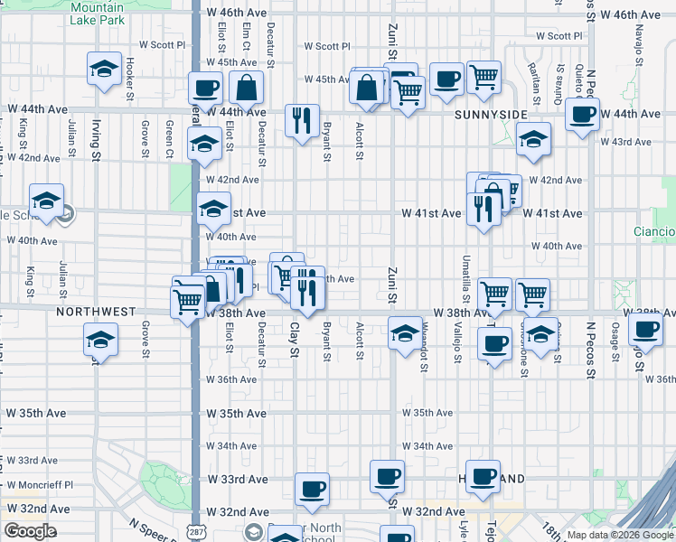 map of restaurants, bars, coffee shops, grocery stores, and more near 3900 Bryant Street in Denver