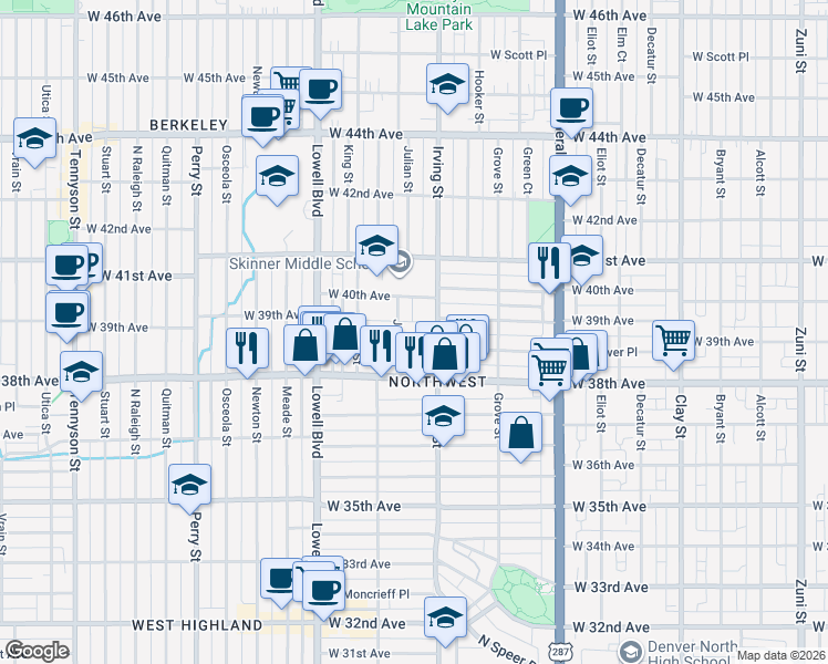 map of restaurants, bars, coffee shops, grocery stores, and more near 3915 Julian Street in Denver