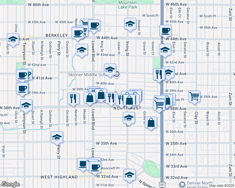 map of restaurants, bars, coffee shops, grocery stores, and more near 3915 Julian Street in Denver