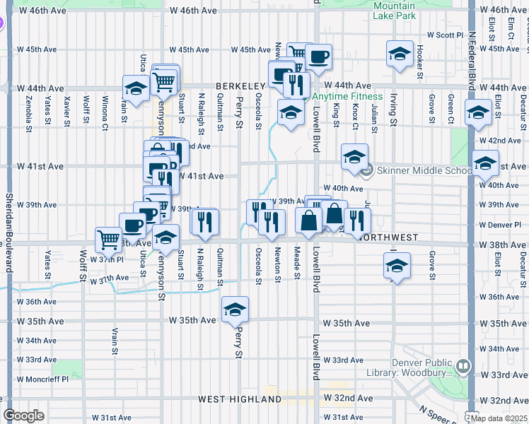 map of restaurants, bars, coffee shops, grocery stores, and more near in Denver
