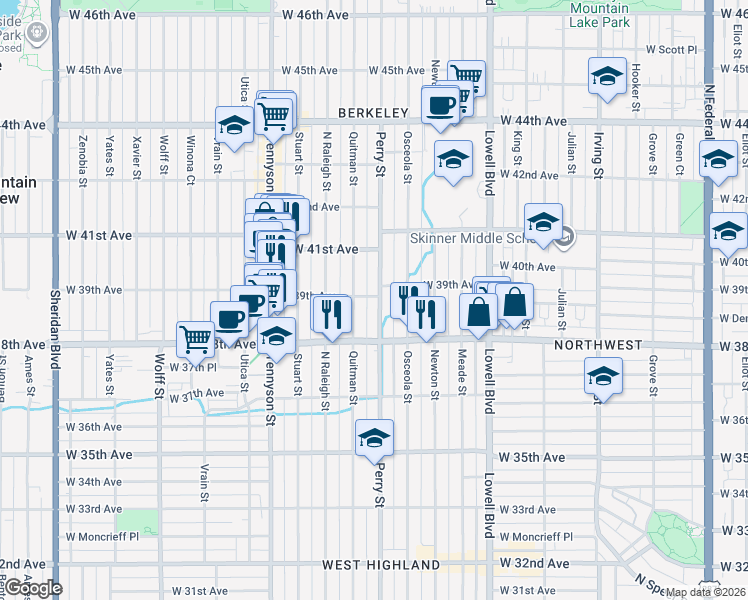 map of restaurants, bars, coffee shops, grocery stores, and more near 3880 Perry Street in Denver