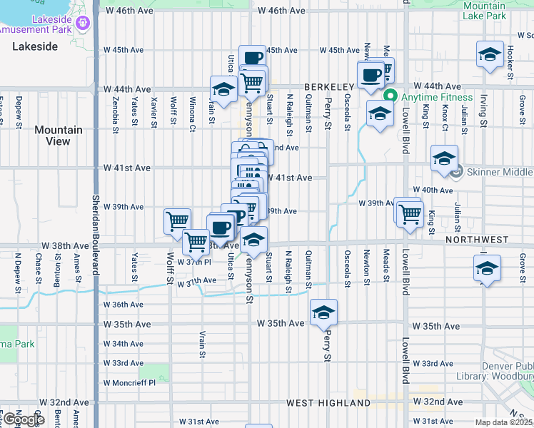 map of restaurants, bars, coffee shops, grocery stores, and more near in Denver