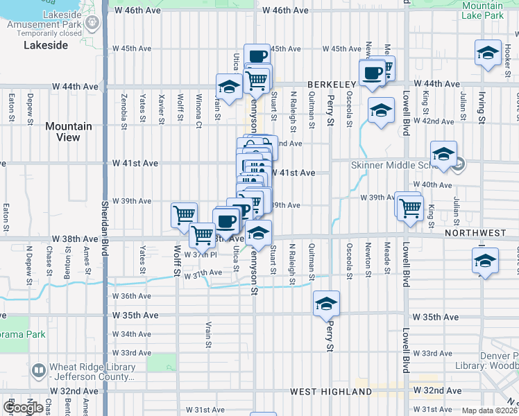 map of restaurants, bars, coffee shops, grocery stores, and more near 3900 Tennyson Street in Denver