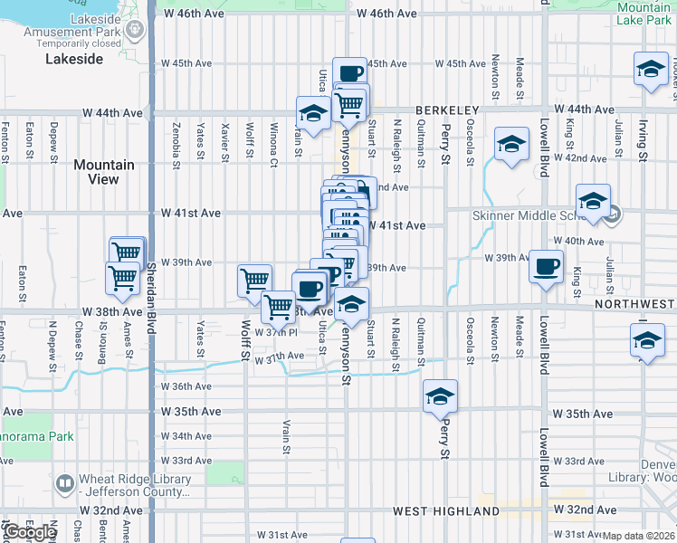 map of restaurants, bars, coffee shops, grocery stores, and more near 3885 N Tennyson Street in Denver